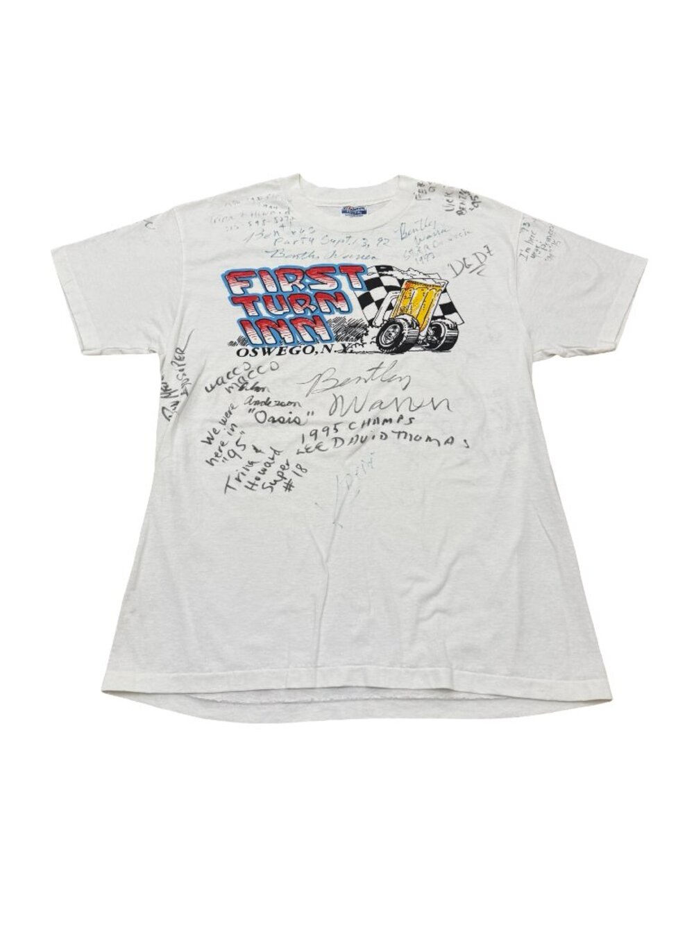 Vintage 1990s First Turn Inn Oswego NY Racing Signature T Shirt